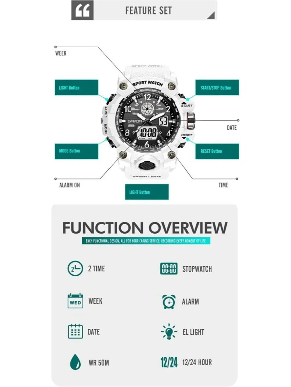 Mens Black White Analog Quartz Sport Waterproof Military LED Digital Wrist Watch